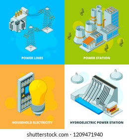 Energy power stations. Electrical symbols generator high voltage transmission vector isometric concept pictures. Ilustration of power electricity isometric, station construction infrastructure