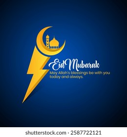 Energy power thunder new golden moon with mosque Ramadan, Eid, Eid Ul Adha concept idea social media theme design vector illustration isolated