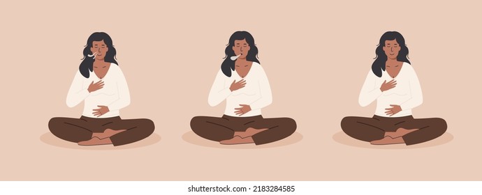 Energy practice. Black woman exhaling and inhaling. Young female doing abdominal exercise. Deep belly breathing. Meditation, diaphragm breathing, pranayama yoga. Vector flat illustration set.