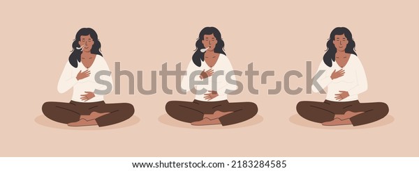 Energy practice. Black woman exhaling and inhaling.\
Young female doing abdominal exercise. Deep belly breathing.\
Meditation, diaphragm breathing, pranayama yoga. Vector flat\
illustration set.