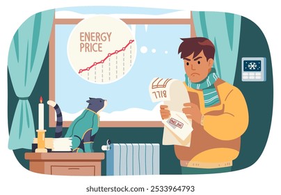 Aumento do preço da energia. Congelando homem com raiva com cara conta de gás. Pessoa em suéter quente, roupas de cachecol quarto casa frio. Gráfico de preço de gás de aquecimento crescente. Ilustração do conceito de alto custo de utilitários