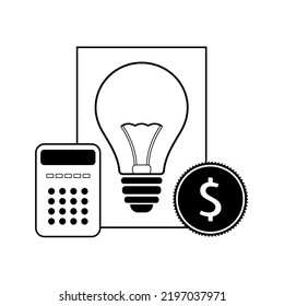 Konzept der Energiepreise. Symbol für Rechnung, Glühbirne, Dollarmünze und Taschenrechner. Flaches Vektorgrafik