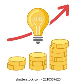 Los precios de la energía aumentan, el impuesto a la electricidad sube. Una bombilla de luz con un montón de monedas y una flecha hacia arriba. Ilustración vectorial simple