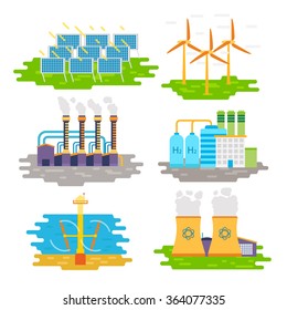 Energy producing stations infographic elements. Vector flat design isolated on white background - stock vector