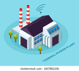 Energy production industry. Vector illustration of thermal power station for production of electrical energy with chimneys industrial buildings isometric concept. Industrial plant on blue background