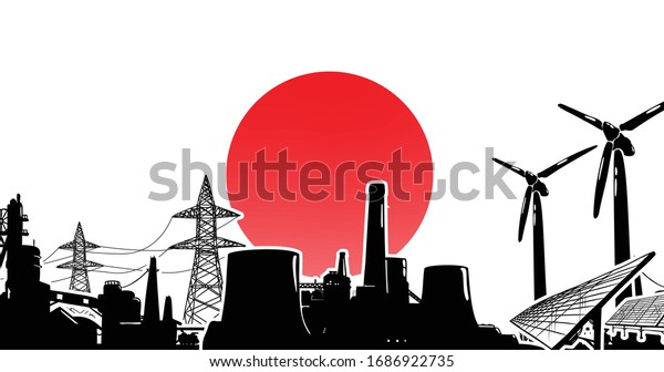 태양전지판, 풍력터빈, 원자 및 열발전소와 전기선을 이용한 일본 벡터의 에너지 생산