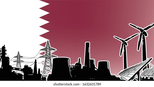 Energy production in Qatar vector with solar panels, wind turbine, atomic and heat power plants and electric lines