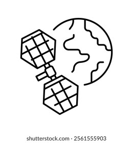 energy production in space  black line icon. Vector isolated element. Editable stroke.