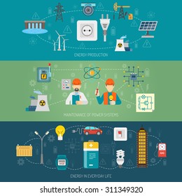 Energy production transmission and maintenance of domestic power systems horizontal flat banners set abstract vector isolated illustration