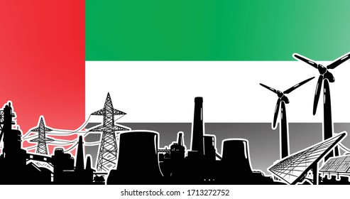 Energy production in United Arab Emirates vector with solar panels, wind turbine, atomic and heat power plants and electric lines