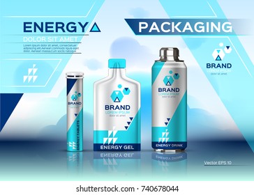 Energy Realistic Set Mock Up. Energy Drink, Gel And Pills Product Packaging. Vector 3d Label Design