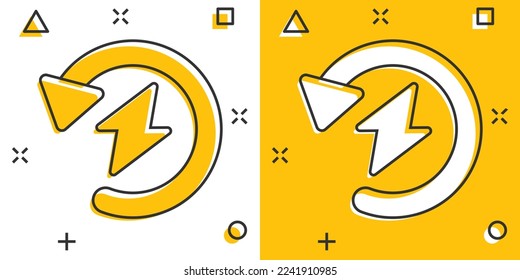 Energy recharge icon in comic style. Voltage and arrow cartoon vector illustration on white isolated background. Electric splash effect sign business concept.