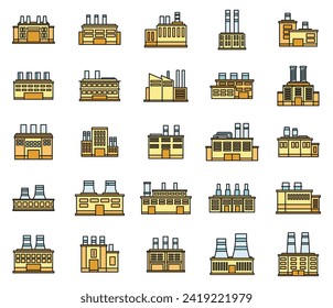 Energy recycle factory icons set. Outline set of energy recycle factory vector icons thin line color flat on white