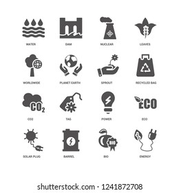 energy, Recycled bag, Sprout, Solar plug, Eco, Water, Worldwide, Co2, Bio, Barrel, Nuclear icon 16 set EPS 10 vector format. Icons optimized for both large and small resolutions.