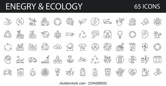 Energy, recycling, ecology set of 65 line vector icons. Contains such icons as Eco, Environment, Lightbulb, Green Energy, Water, Climate Change, Recycling. Editable stroke