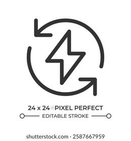 Energy recycling line ui icon. Lightning sign in circle of arrows. Electric power reusable technology. Isolated vector outline symbol. Webdesign user interface element linear, pixel perfect