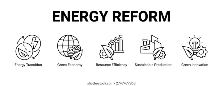 Energy Reform web banner icon concept, with Energy Transition, Green Economy, Resource Efficiency, Sustainable Production.