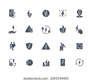 Energy related black icons set. Shield and sign with lightning, danger warning, notification about high voltage. Electricity and power. Cartoon flat vector illustrations isolated on white background