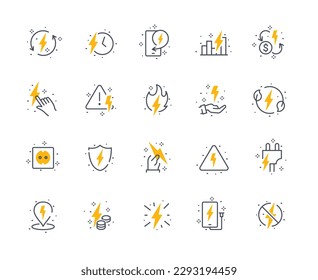Energy related color icons set. Collection of warning signs. Safety and accident prevention. High voltage and electrical signboards. Cartoon flat vector illustrations isolated on white background