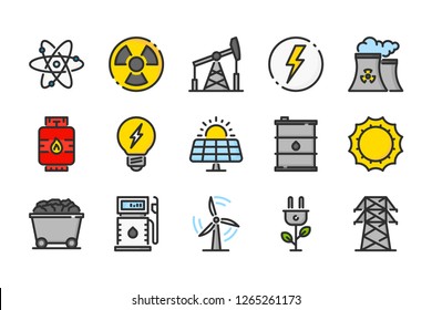 Energy related color line icons. Power vector linear colorful icon set. Isolated icon collection on white background.