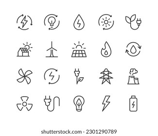 iconos de línea relacionados con la energía. Conjunto de objetos lineales vectoriales. 48x48 Pixel Perfecto con trazo editable