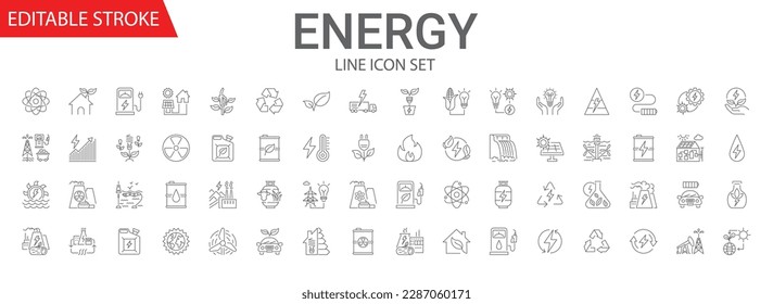 Energy related vector linear icon set. Energy industry. Electricity manufacturing technologies and modern facilities. Vector outline illustration Isolated on white background. Editable stroke