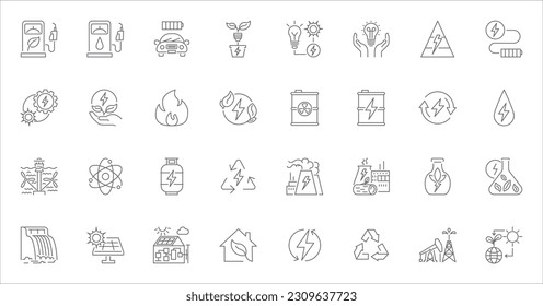 Conjunto de iconos lineales vectoriales relacionados con la energía. Industria energética. Tecnologías de fabricación de electricidad e instalaciones modernas. Ilustración de contorno vectorial Aislada en fondo blanco. Trazo editable