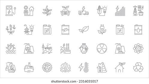 Conjunto de iconos lineales vectoriales relacionados con la energía. Industria energética. Tecnologías de fabricación de electricidad e instalaciones modernas. Ilustración de contorno vectorial Aislada en fondo blanco. Trazo editable