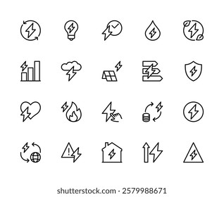 Energy related vector linear icons set. Contains such icons as light bulb, time, water energy, green energy, biofuel, ecology and more. Isolated icon collection of energy on white background.