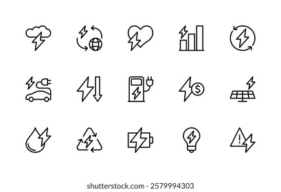 Energy related vector linear icons set. Isolated icon collection such as lightning, electric car, solar energy, water energy, charger, cycle and more. Isolated icon collection of energy related.