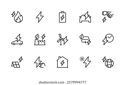 Energy related vector linear icons set. Isolated icon collection such as fire, lightning, battery, electric car, charging station, windmill and more. Isolated icon collection of energy related.