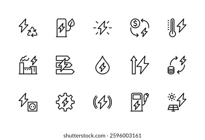 Energy related vector linear icons set. Isolated icon collection such as geothermal energy, charging station, cycle, smart meter, money, dollar and more. Isolated icon collection of energy related.