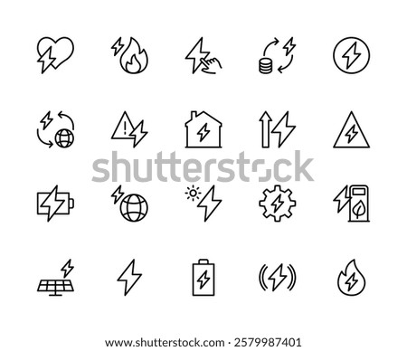 Energy related vector linear icons set. Contains such icons as lightning; fire, globe, smart home, battery, power engineering, energy and more. Isolated icon collection of energy on white background.