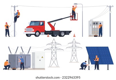 Energie. Reparatur und Wartung von Stromleitungen. Elektrowerker arbeiten mit elektrischen Gegenständen. Vektorgrafik