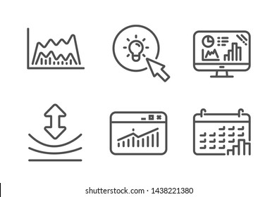 Energy, Resilience and Website statistics icons simple set. Analytics graph, Trade chart and Calendar graph signs. Turn on the light, Elastic. Science set. Line energy icon. Editable stroke. Vector