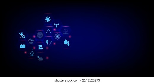 Energy Resource Concept. Hexagonal Shape With Icons Of A Solar Cell, Wind, Fossil Fuel, Sun, Nuclear, Hot Spring On Blue And Black Background. 