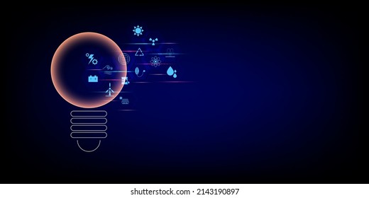 Energy Resource Concept. Light Bulb With Hexagonal Shape With Icons Of A Solar Cell, Wind, Fossil Fuel, Sun, Nuclear, Hot Spring On Blue And Black Background. 