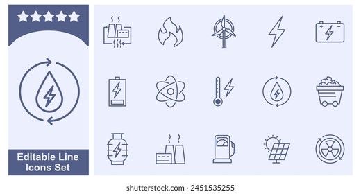 Energía, recursos energéticos, tipo de energía y conjunto de iconos de energía Elementos Plantilla de símbolos para gráficos y colección de Diseño web logo Ilustración vectorial