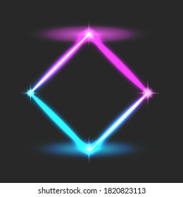 Energy rhombus frame electric effect blue pink neon glow, portal with bright sparks and nebulae, futuristic design element.
