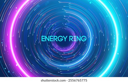 Energy ring surrounded by glowing neon swirls and dynamic digital patterns.