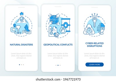 Energy safety threats onboarding mobile app page screen with concepts. Natural disaster, conflicts walkthrough 3 steps graphic instructions. UI, UX, GUI vector template with linear color illustrations