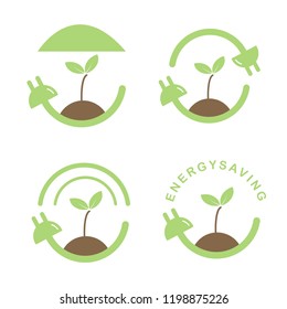 Energy save logo vector plant plug growth grow life design save energy saving leaf stem agriculture power plug soil environment icon leaves eco organic symbol flat  crop green ecology nature green art