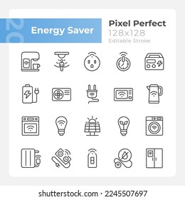 Juego de iconos lineales perfectos de píxeles de ahorro de energía. Aparatos inteligentes para el hogar. Internet de las cosas. Dispositivos automáticos. Símbolos de línea delgada personalizables. Ilustraciones aisladas del contorno vectorial. Trazo editable