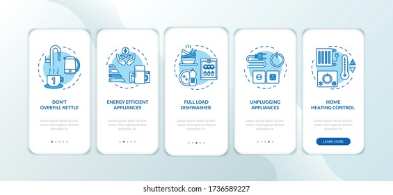 Energy saving advice mobile app page screen with concepts. Resource efficiency, money economy walkthrough five steps graphic instructions. UI vector template with RGB color illustrations