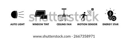Energy Saving banner web icon illustration concept with icon of auto light, window tint, ceiling fan, motion sensor, and energy star