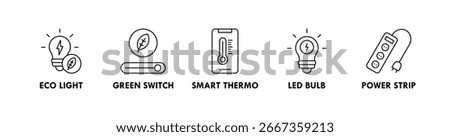 Energy Saving banner web icon illustration concept with icon of eco light, green switch, smart thermo, LED bulb, and power strip