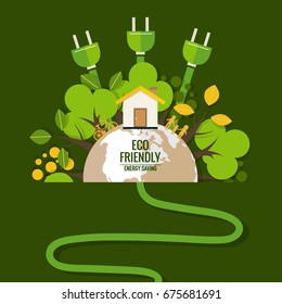 Energy saving concept with Green Eco Earth and Trees.. Vector illustration.