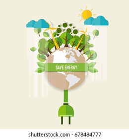 Energy saving concept with Green Eco Earth and Trees.. Vector illustration.