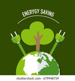Energy saving concept with Green Eco Earth and Trees.. Vector illustration.