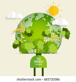 Energiesparkonzept mit Green Eco Earth und Bäumen... Vektorgrafik.